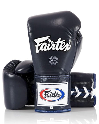 Fairtex BGL6 Pro Leather Laced Competition Gloves - Locked Thumb for Muay Thai and Boxing (Blue|10 oz) -Sale